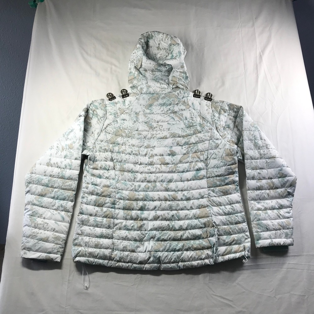 Columbia Womens XXL Omni-Heat Hooded Puffer Jacket White Teal Abstract XL7189 - Picture 6 of 8